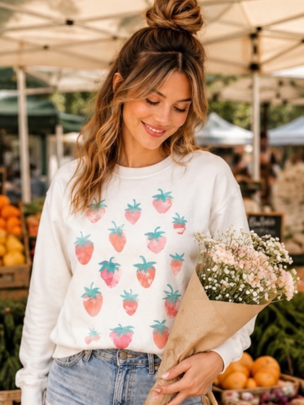 Cute fruit Womens Sweatshirt Sz XSmall White Pink Strawberry Kawaii *2 for20*